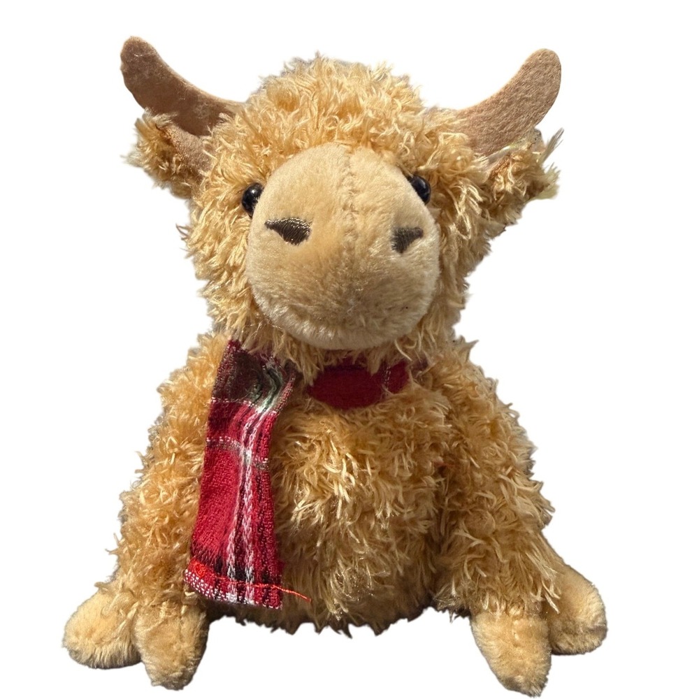Merry Makers Highland Cow Plush Tan Shaggy Stuffed Animal Red Plaid Scarf 6" NWT
